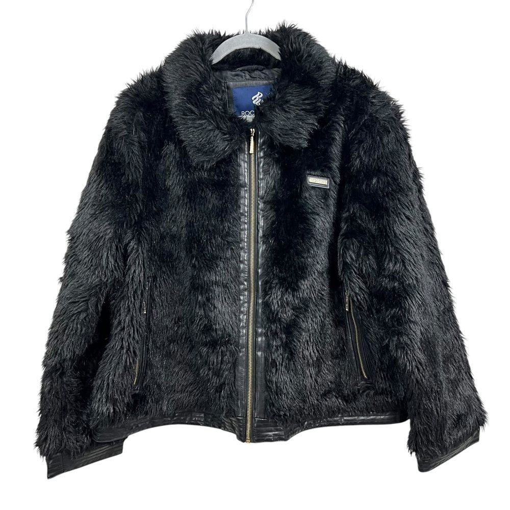 Rocawear Faux Fur Jacket Collared Full Zipper Streetwear Pockets Black Women 2x^
